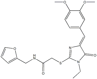 2-{[4-(3,4-dimethoxybenzylidene)-1-ethyl-5-oxo-4,5-dihydro-1H-imidazol-2-yl]sulfanyl}-N-(2-furylmethyl)acetamide 结构式