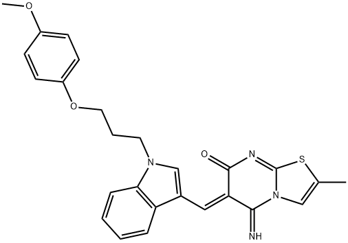 5-imino-6-({1-[3-(4-methoxyphenoxy)propyl]-1H-indol-3-yl}methylene)-2-methyl-5,6-dihydro-7H-[1,3]thiazolo[3,2-a]pyrimidin-7-one 结构式