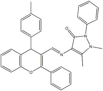 1,5-dimethyl-4-({[4-(4-methylphenyl)-2-phenyl-4H-chromen-3-yl]methylene}amino)-2-phenyl-1,2-dihydro-3H-pyrazol-3-one 结构式