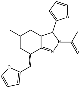 2-acetyl-3-(2-furyl)-7-(2-furylmethylene)-5-methyl-3,3a,4,5,6,7-hexahydro-2H-indazole 结构式