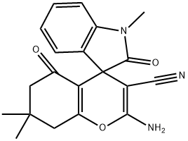 2'-amino-3'-cyano-1,7',7'-trimethyl-1,3,5',6',7',8'-hexahydro-2,5'-dioxospiro[2H-indole-3,4'-(4'H)-chromene] 结构式