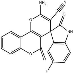 2-amino-1',3'-dihydro-2',5-dioxo-5'-fluorospiro(4H,5H-pyrano[3,2-c]chromene-4,3'-[2'H]-indole)-3-carbonitrile 结构式