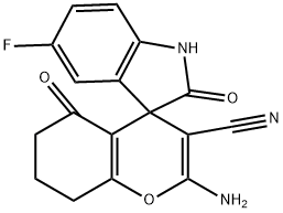2-amino-5'-fluoro-3-cyano-2',5-dioxo-1',3',5,6,7,8-hexahydrospiro[4H-chromene-4,3'-(2'H)-indole) 结构式