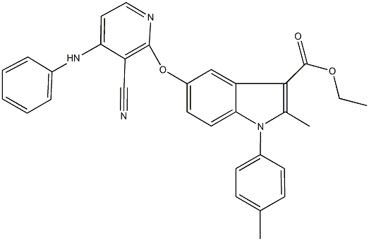 ethyl 5-[(4-anilino-3-cyano-2-pyridinyl)oxy]-2-methyl-1-(4-methylphenyl)-1H-indole-3-carboxylate 结构式