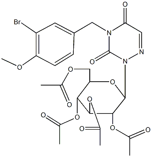 3,5-bis(acetyloxy)-2-[(acetyloxy)methyl]-6-(4-(3-bromo-4-methoxybenzyl)-3,5-dioxo-4,5-dihydro-1,2,4-triazin-2(3H)-yl)tetrahydro-2H-pyran-4-yl acetate 结构式