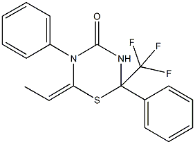 6-ethylidene-2,5-diphenyl-2-(trifluoromethyl)-1,3,5-thiadiazinan-4-one 结构式