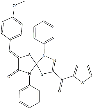 7-(4-methoxybenzylidene)-1,9-diphenyl-3-(2-thienylcarbonyl)-4,6-dithia-1,2,9-triazaspiro[4.4]non-2-en-8-one 结构式