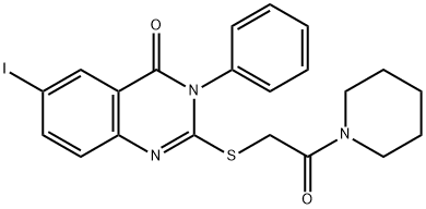 6-iodo-2-{[2-oxo-2-(1-piperidinyl)ethyl]sulfanyl}-3-phenyl-4(3H)-quinazolinone 结构式