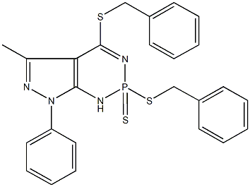 2,4-bis(benzylsulfanyl)-5-methyl-7-phenyl-2,7-dihydro-1H-pyrazolo[3,4-d][1,3,2]diazaphosphinine 2-sulfide 结构式
