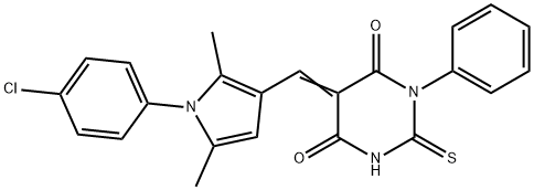 5-{[1-(4-chlorophenyl)-2,5-dimethyl-1H-pyrrol-3-yl]methylene}-1-phenyl-2-thioxodihydro-4,6(1H,5H)-pyrimidinedione 结构式