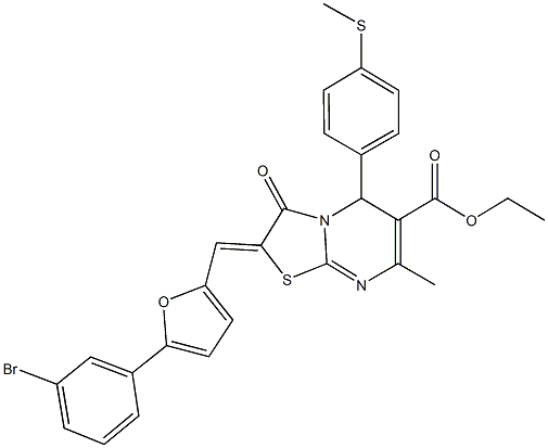 ethyl 2-{[5-(3-bromophenyl)-2-furyl]methylene}-7-methyl-5-[4-(methylsulfanyl)phenyl]-3-oxo-2,3-dihydro-5H-[1,3]thiazolo[3,2-a]pyrimidine-6-carboxylate 结构式