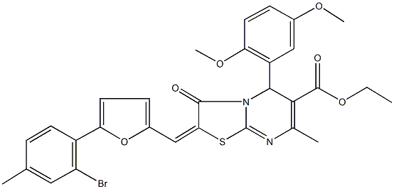 ethyl 2-{[5-(2-bromo-4-methylphenyl)-2-furyl]methylene}-5-(2,5-dimethoxyphenyl)-7-methyl-3-oxo-2,3-dihydro-5H-[1,3]thiazolo[3,2-a]pyrimidine-6-carboxylate 结构式