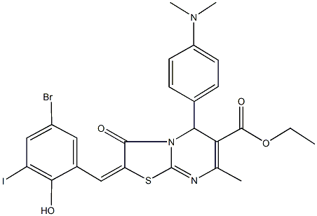 ethyl 2-(5-bromo-2-hydroxy-3-iodobenzylidene)-5-[4-(dimethylamino)phenyl]-7-methyl-3-oxo-2,3-dihydro-5H-[1,3]thiazolo[3,2-a]pyrimidine-6-carboxylate 结构式