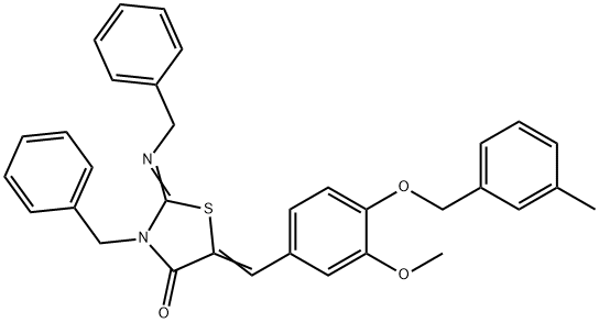 3-benzyl-2-(benzylimino)-5-{3-methoxy-4-[(3-methylbenzyl)oxy]benzylidene}-1,3-thiazolidin-4-one 结构式