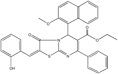 ethyl 2-(2-hydroxybenzylidene)-5-(2-methoxy-1-naphthyl)-3-oxo-7-phenyl-2,3-dihydro-5H-[1,3]thiazolo[3,2-a]pyrimidine-6-carboxylate 结构式