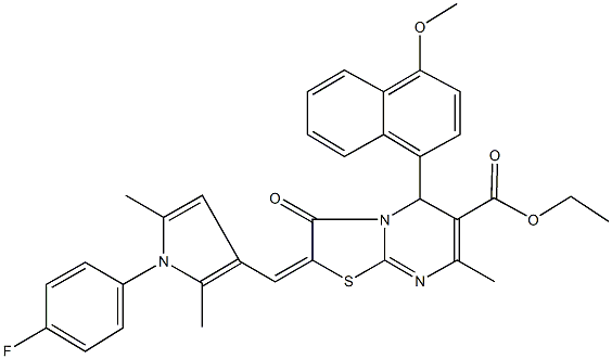 ethyl 2-{[1-(4-fluorophenyl)-2,5-dimethyl-1H-pyrrol-3-yl]methylene}-5-(4-methoxy-1-naphthyl)-7-methyl-3-oxo-2,3-dihydro-5H-[1,3]thiazolo[3,2-a]pyrimidine-6-carboxylate 结构式