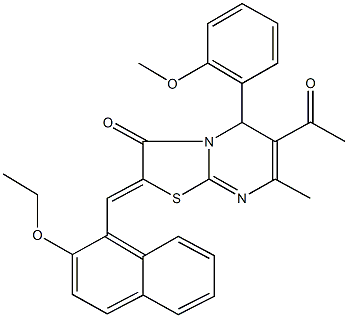 6-acetyl-2-[(2-ethoxy-1-naphthyl)methylene]-5-(2-methoxyphenyl)-7-methyl-5H-[1,3]thiazolo[3,2-a]pyrimidin-3(2H)-one 结构式