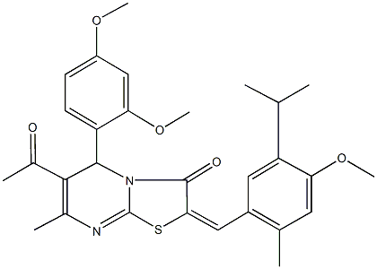 6-acetyl-5-(2,4-dimethoxyphenyl)-2-(5-isopropyl-4-methoxy-2-methylbenzylidene)-7-methyl-5H-[1,3]thiazolo[3,2-a]pyrimidin-3(2H)-one 结构式