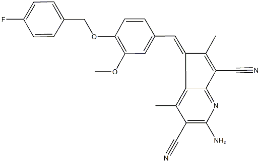 2-amino-5-{4-[(4-fluorobenzyl)oxy]-3-methoxybenzylidene}-4,6-dimethyl-5H-cyclopenta[b]pyridine-3,7-dicarbonitrile 结构式