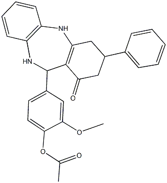 2-methoxy-4-(1-oxo-3-phenyl-2,3,4,5,10,11-hexahydro-1H-dibenzo[b,e][1,4]diazepin-11-yl)phenyl acetate 结构式