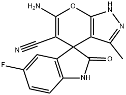 6-amino-5-cyano-5'-fluoro-3-methyl-1,1',3',4-tetrahydro-2'-oxospiro(pyrano[2,3-c]pyrazole-4,3'-[2'H]-indole) 结构式