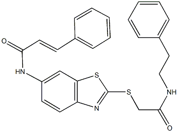 N-[2-({2-oxo-2-[(2-phenylethyl)amino]ethyl}sulfanyl)-1,3-benzothiazol-6-yl]-3-phenylacrylamide 结构式