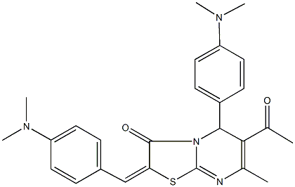 6-acetyl-2-[4-(dimethylamino)benzylidene]-5-[4-(dimethylamino)phenyl]-7-methyl-5H-[1,3]thiazolo[3,2-a]pyrimidin-3(2H)-one 结构式
