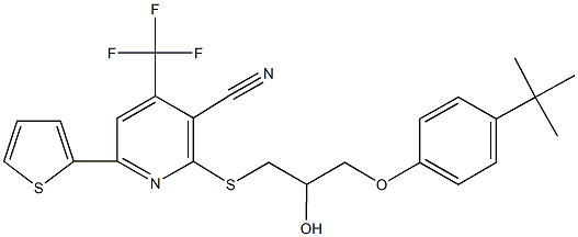 2-{[3-(4-tert-butylphenoxy)-2-hydroxypropyl]sulfanyl}-6-(2-thienyl)-4-(trifluoromethyl)nicotinonitrile 结构式