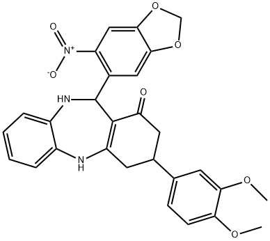 3-(3,4-dimethoxyphenyl)-11-{6-nitro-1,3-benzodioxol-5-yl}-2,3,4,5,10,11-hexahydro-1H-dibenzo[b,e][1,4]diazepin-1-one 结构式