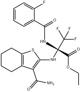 ethyl 2-{[3-(aminocarbonyl)-4,5,6,7-tetrahydro-1-benzothien-2-yl]amino}-3,3,3-trifluoro-2-[(2-fluorobenzoyl)amino]propanoate 结构式
