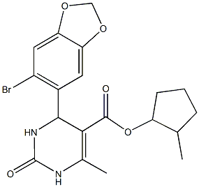 2-methylcyclopentyl 4-(6-bromo-1,3-benzodioxol-5-yl)-6-methyl-2-oxo-1,2,3,4-tetrahydro-5-pyrimidinecarboxylate 结构式