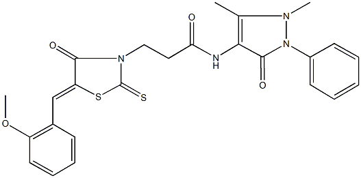 N-(1,5-dimethyl-3-oxo-2-phenyl-2,3-dihydro-1H-pyrazol-4-yl)-3-[5-(2-methoxybenzylidene)-4-oxo-2-thioxo-1,3-thiazolidin-3-yl]propanamide 结构式