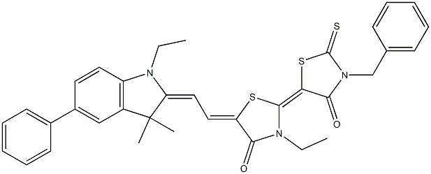 3'-benzyl-3-ethyl-5-[2-(1-ethyl-3,3-dimethyl-5-phenyl-1,3-dihydro-2H-indol-2-ylidene)ethylidene]-2'-thioxo-2,5'-bis(4-oxo-1,3-thiazolidin-2-ylidene) 结构式