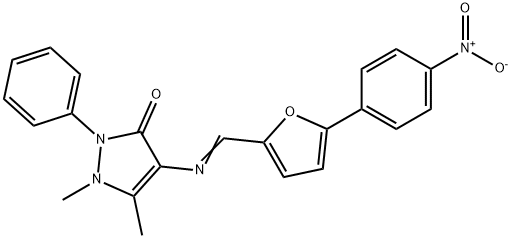 4-{[(5-{4-nitrophenyl}-2-furyl)methylene]amino}-1,5-dimethyl-2-phenyl-1,2-dihydro-3H-pyrazol-3-one 结构式