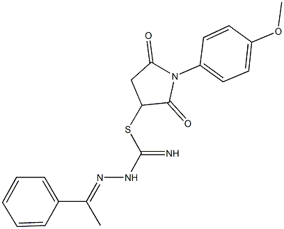 1-(4-methoxyphenyl)-2,5-dioxo-3-pyrrolidinyl 2-(1-phenylethylidene)hydrazinecarbimidothioate 结构式