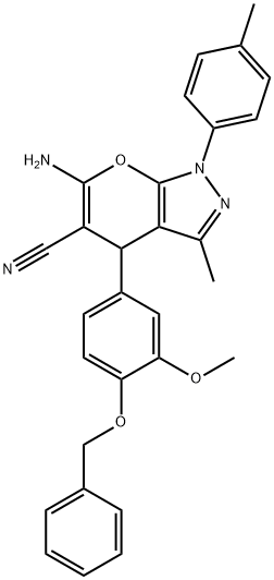 6-amino-4-[4-(benzyloxy)-3-methoxyphenyl]-3-methyl-1-(4-methylphenyl)-1,4-dihydropyrano[2,3-c]pyrazole-5-carbonitrile 结构式