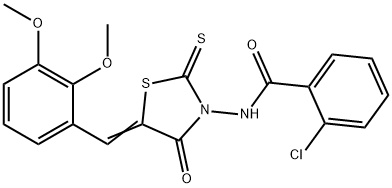 2-chloro-N-[5-(2,3-dimethoxybenzylidene)-4-oxo-2-thioxo-1,3-thiazolidin-3-yl]benzamide 结构式