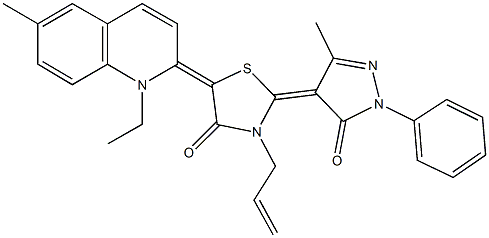 3-allyl-5-(1-ethyl-6-methyl-2(1H)-quinolinylidene)-2-(3-methyl-5-oxo-1-phenyl-1,5-dihydro-4H-pyrazol-4-ylidene)-1,3-thiazolidin-4-one 结构式