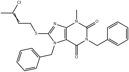 1,7-dibenzyl-8-[(3-chloro-2-butenyl)sulfanyl]-3-methyl-3,7-dihydro-1H-purine-2,6-dione 结构式