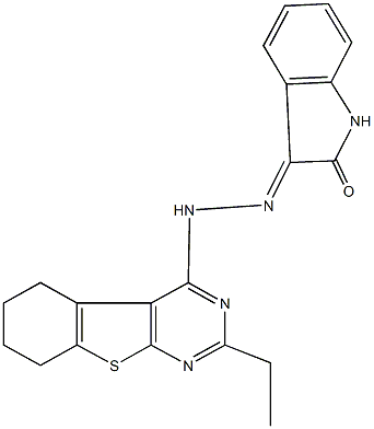 1H-indole-2,3-dione 3-[(2-ethyl-5,6,7,8-tetrahydro[1]benzothieno[2,3-d]pyrimidin-4-yl)hydrazone] 结构式