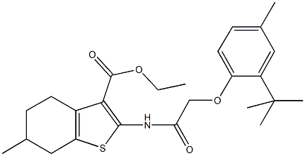 ethyl 2-{[(2-tert-butyl-4-methylphenoxy)acetyl]amino}-6-methyl-4,5,6,7-tetrahydro-1-benzothiophene-3-carboxylate 结构式