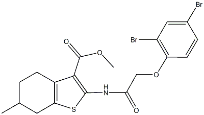 methyl 2-{[(2,4-dibromophenoxy)acetyl]amino}-6-methyl-4,5,6,7-tetrahydro-1-benzothiophene-3-carboxylate 结构式