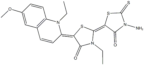 3'-amino-3-ethyl-5-(1-ethyl-6-methoxy-2(1H)-quinolinylidene)-2'-thioxo-2,5'-bis[1,3-thiazolidin-2-ylidene]-4,4'-dione 结构式