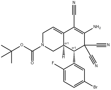 tert-butyl 6-amino-8-(5-bromo-2-fluorophenyl)-5,7,7-tricyano-3,7,8,8a-tetrahydro-2(1H)-isoquinolinecarboxylate 结构式