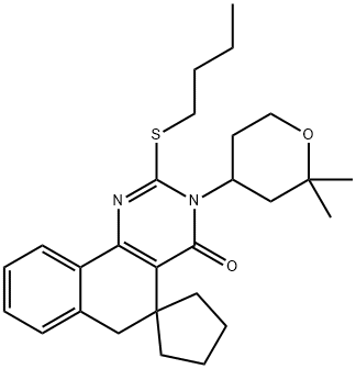 2-(butylsulfanyl)-3-(2,2-dimethyltetrahydro-2H-pyran-4-yl)-5,6-dihydro-4(3H)-oxospiro(benzo[h]quinazoline-5,1'-cyclopentane) 结构式