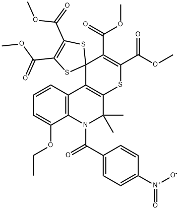 tetramethyl 7-ethoxy-5,5-dimethyl-6-(4-nitrobenzoyl)-5,6-dihydrospiro(1H-thiopyrano[2,3-c]quinoline-1,2'-[1,3]-dithiole)-2,3,4',5'-tetracarboxylate 结构式