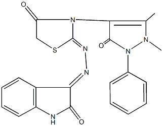 1H-indole-2,3-dione 3-{[3-(1,5-dimethyl-3-oxo-2-phenyl-2,3-dihydro-1H-pyrazol-4-yl)-4-oxo-1,3-thiazolidin-2-ylidene]hydrazone} 结构式