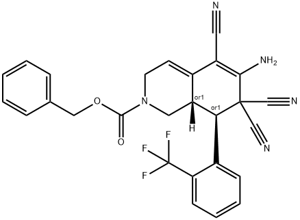 benzyl 6-amino-5,7,7-tricyano-8-[2-(trifluoromethyl)phenyl]-3,7,8,8a-tetrahydro-2(1H)-isoquinolinecarboxylate 结构式