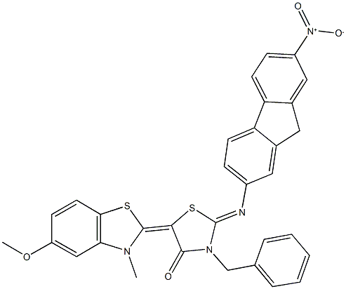 3-benzyl-2-({7-nitro-9H-fluoren-2-yl}imino)-5-(5-methoxy-3-methyl-1,3-benzothiazol-2(3H)-ylidene)-1,3-thiazolidin-4-one 结构式