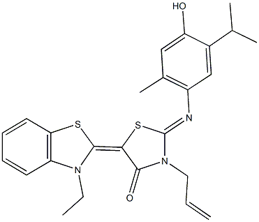 3-allyl-5-(3-ethyl-1,3-benzothiazol-2(3H)-ylidene)-2-[(4-hydroxy-5-isopropyl-2-methylphenyl)imino]-1,3-thiazolidin-4-one 结构式